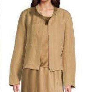 NWT Eileen Fisher Biscuit Silk Linen Stand Collar Long Sleeve Box Jacket